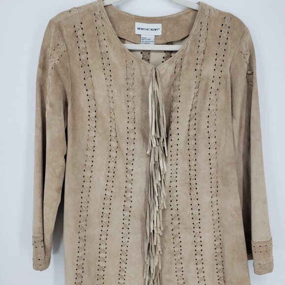 Newport News Vintage Fringe Trim Suede Leather Long Jacket XL Womens Boho Tan - Picture 4 of 9